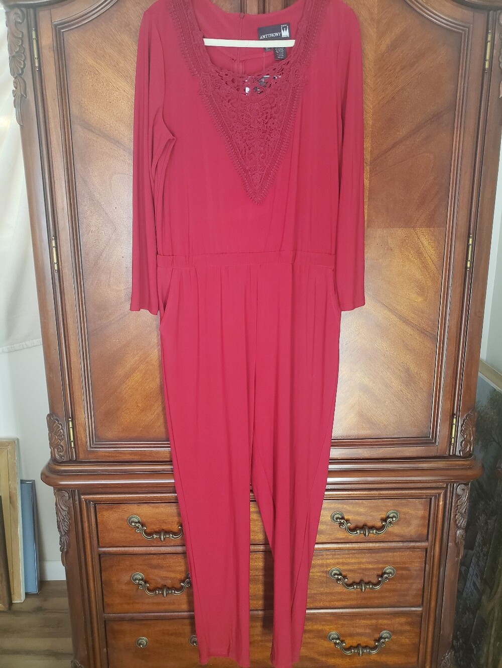 Anthony Originals Red Long Sleeve Jumpsuit w/ A Lace Panel On The Front
